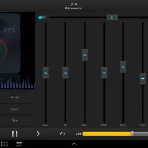 Mô tả ảnh: Giao diện ứng dụng Equalizer Music Player Pro với nền đen và các nút điều chỉnh màu sắc.