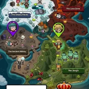 Mô tả hình ảnh: Giao diện game Evil Hunter Tycoon với hình ảnh pixel art của một ngôi làng