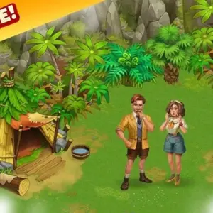 Mô tả hình ảnh: Giao diện game Family Adventure Find way home với hình ảnh các nhân vật và nông trại