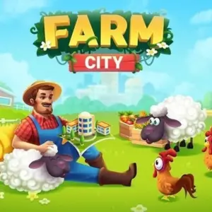 Mô tả hình ảnh: Giao diện game Farm City với hình ảnh một thành phố nông nghiệp tươi đẹp