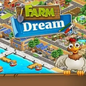 mô tả hình ảnh: Hình ảnh giao diện game Farm Dream với khung cảnh nông trại xanh mướt, đầy đủ cây trồng và vật nuôi.