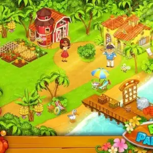 Mô tả hình ảnh: Giao diện game Farm Paradise với hình ảnh một nông trại xanh tươi, tràn ngập cây trái và các công trình