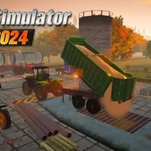 Mô tả hình ảnh: Giao diện game Farm Sim 2024 với hình ảnh máy kéo và nông trại