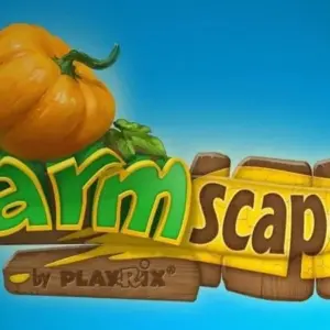 Mô tả hình ảnh: Giao diện game Farmscapes với hình ảnh cô gái Mary và chú chó đáng yêu đang đứng trước một căn nhà nông trại.