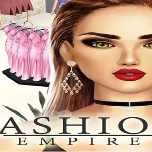 Alt text: Giao diện game Fashion Empire với hình ảnh một cô gái đang tạo dáng trong bộ trang phục thời trang.