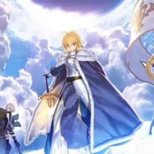 Mô tả hình ảnh: Hình ảnh quảng cáo game Fate/Grand Order với các nhân vật chính.