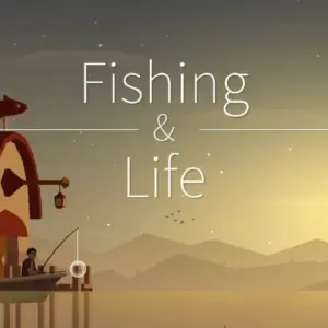 Mô tả hình ảnh về giao diện game Fishing Life với khung cảnh hoàng hôn trên biển