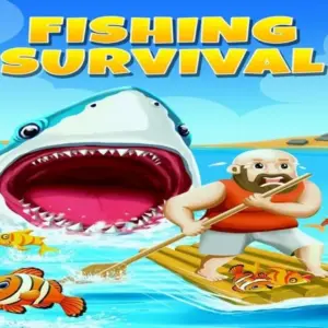 Mô tả hình ảnh: Giao diện game Fishing Survival với hình ảnh người câu cá trên thuyền.