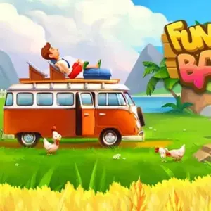 Mô tả hình ảnh: Giao diện game Funky Bay với khung cảnh đảo nhiệt đới tươi sáng.