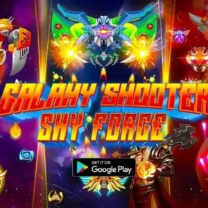 Mô tả hình ảnh: Giao diện game Galaxy Shooter Sky Force với phi thuyền chiến đấu giữa màn hình và kẻ thù xung quanh