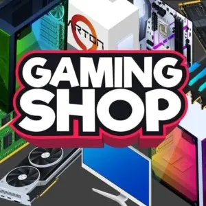 Mô tả hình ảnh: Giao diện game Gaming Shop Tycoon với cửa hàng bán linh kiện máy tính.