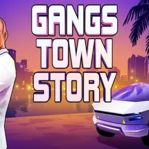 Mô tả hình ảnh: Hình ảnh giới thiệu game Gangs Town Story với nhân vật chính đang cầm súng.