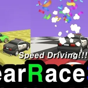 Mô tả ảnh: Hình ảnh giao diện game Gear Race 3D với một chiếc xe đua màu đỏ đang vượt lên dẫn đầu.