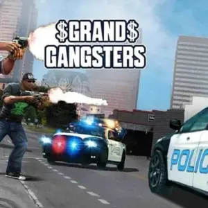 mô tả hình ảnh: Hình ảnh game Grand Gangsters 3D với cảnh thành phố và nhân vật chính