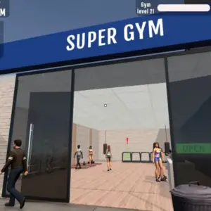 Mô tả ảnh: Hình ảnh giao diện game Gym Simulator 3D Fitness Store với hình ảnh nhân vật đang tập luyện.