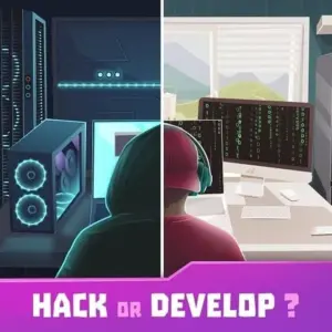 Mô tả hình ảnh: Giao diện game Hacker or Dev Tycoon Tap Sim với hình ảnh nhân vật chính đang làm việc trên máy tính.