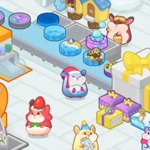 Mô tả hình ảnh: Giao diện game Hamster Cake Factory với những chú chuột hamster đang làm việc trong nhà máy sản xuất bánh.