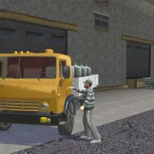 Mô tả hình ảnh: Giao diện game Hard Truck Driver Simulator 3D với hình ảnh một chiếc xe tải đang di chuyển trên đường.