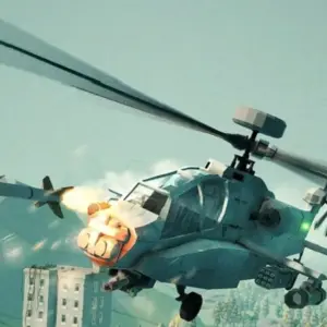 Mô tả hình ảnh: Giao diện game Heli Attack với trực thăng chiến đấu trên nền trời xanh.