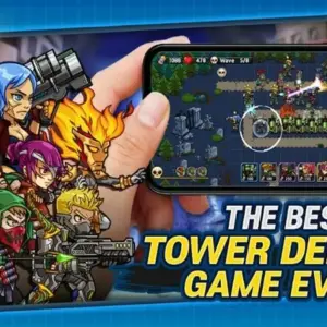 Mô tả hình ảnh: Giao diện game Heroes Defense: Attack Zombie với hình ảnh các anh hùng chiến đấu chống lại zombie.