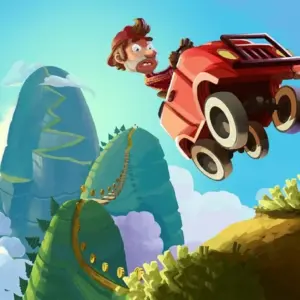 Mô tả ảnh: Giao diện game Hill Climb Racing với chiếc xe jeep đang leo dốc