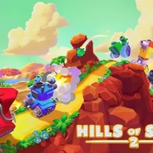 Mô tả hình ảnh: Hình ảnh giới thiệu game Hills of Steel 2 với một chiếc xe tăng đang chiến đấu