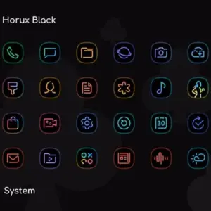 Mô tả hình ảnh: Giao diện ứng dụng Horux Black với các icon được thiết kế theo phong cách tối giản, hiện đại.