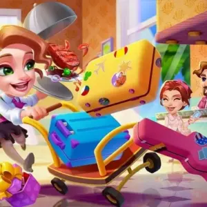 Mô tả hình ảnh: Giao diện game Hotel Frenzy với hình ảnh một khách sạn nhiều tầng, màu sắc tươi sáng.