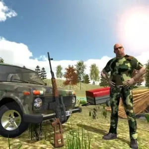 Mô tả ảnh: Hình ảnh giao diện game Hunting Simulator 4x4 với cảnh một chiếc xe jeep đang di chuyển trong rừng.
