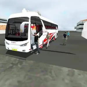 Mô tả hình ảnh: Hình ảnh giới thiệu game IDBS Bus Simulator với một chiếc xe bus màu đỏ đang chạy trên đường.