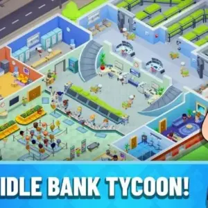 Mô tả hình ảnh: Giao diện game Idle Bank Tycoon với đồ họa hoạt hình vui nhộn, hiển thị các hoạt động trong ngân hàng.