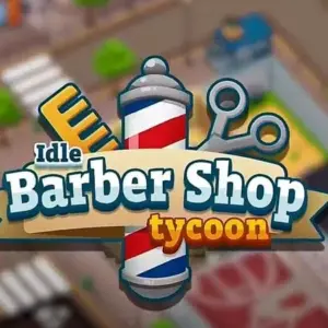 Mô tả hình ảnh: Giao diện game Idle Barber Shop Tycoon với hình ảnh một tiệm cắt tóc nhộn nhịp.