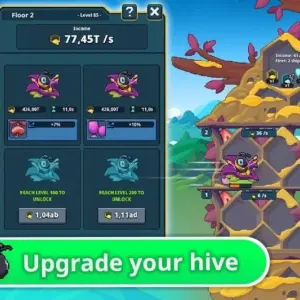 Mô tả hình ảnh về giao diện game Idle Bee Manager với tổ ong và các chú ong đang hoạt động.