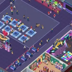 Mô tả hình ảnh: Giao diện game Idle Cinema Empire Tycoon với hình ảnh rạp chiếu phim hiện đại, đông đúc người xem.
