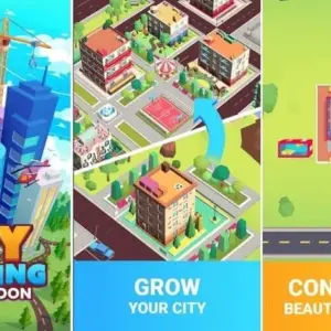 Mô tả hình ảnh về giao diện game Idle City Tycoon với các tòa nhà và hoạt động kinh doanh