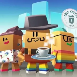 Mô tả hình ảnh: Giao diện game Idle Coffee Corp với hình ảnh nhân vật hoạt hình vui nhộn đang pha chế cà phê.