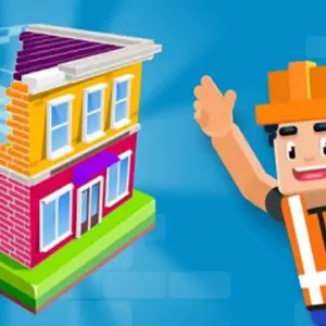 Mô tả hình ảnh: Giao diện game Idle Construction 3D với các công trình đang được xây dựng