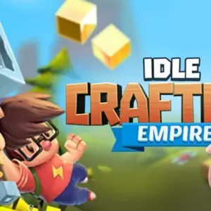 Mô tả hình ảnh về giao diện game Idle Crafting Empire Tycoon với các công trình và hoạt động sản xuất.