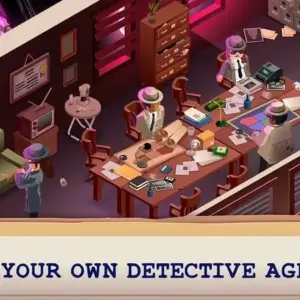 Mô tả hình ảnh: Giao diện game Idle Crime Detective Tycoon với hình ảnh nhân vật hoạt hình và các tòa nhà trong thành phố.