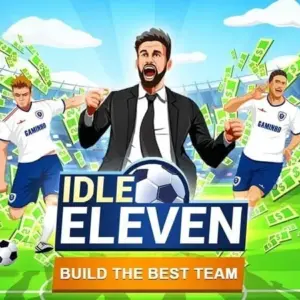 Mô tả ảnh: Giao diện game Idle Eleven với hình ảnh cầu thủ bóng đá.