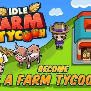 Mô tả ảnh: Hình ảnh giao diện game Idle Farm Tycoon với các cánh đồng lúa mì và nhà kho.