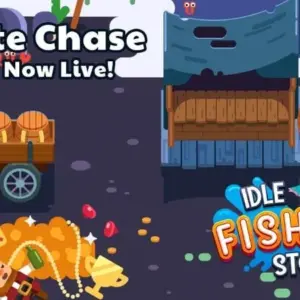 Mô tả hình ảnh: Giao diện chính của game Idle Fishing Story với hình ảnh thuyền trưởng và cô con gái.