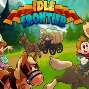 Mô tả hình ảnh: Hình ảnh giao diện game Idle Frontier với đồ họa hoạt hình vui nhộn, hiển thị các cửa hàng và người dân trong thành phố.