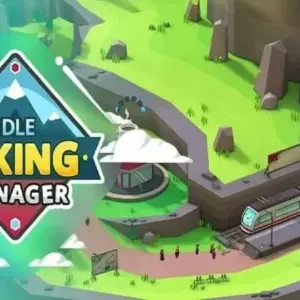 Mô tả hình ảnh: Giao diện game Idle Hiking Manager với hình ảnh một ngọn núi và các khu vực du lịch.