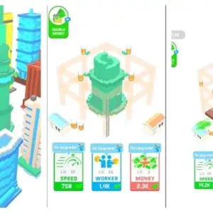 Mô tả hình ảnh: Giao diện game Idle Landmark với các công trình kiến trúc