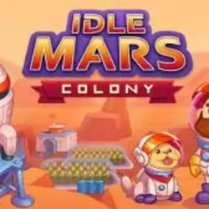 Mô tả hình ảnh: Hình ảnh giao diện game Idle Mars Colony với robot và nông trại trên sao Hỏa