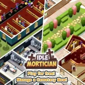 Mô tả hình ảnh về giao diện game Idle Mortician với các nhân vật hoạt hình đang làm việc trong nghĩa trang