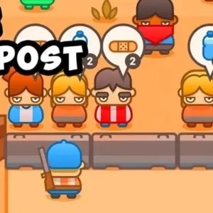 Mô tả hình ảnh: Giao diện chính của game Idle Outpost với căn cứ giữa sa mạc và các công trình