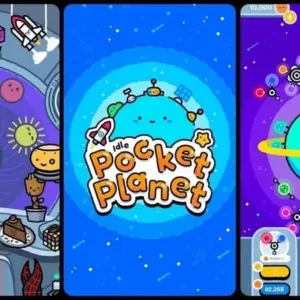 Mô tả hình ảnh: Hình ảnh giao diện game Idle Pocket Planet với các hành tinh được thiết kế dễ thương.