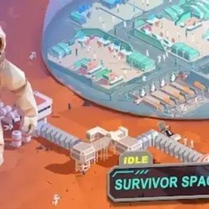 Alt text: Hình ảnh giao diện game Idle Survivor Space Odyssey với phi hành gia và tàu vũ trụ.